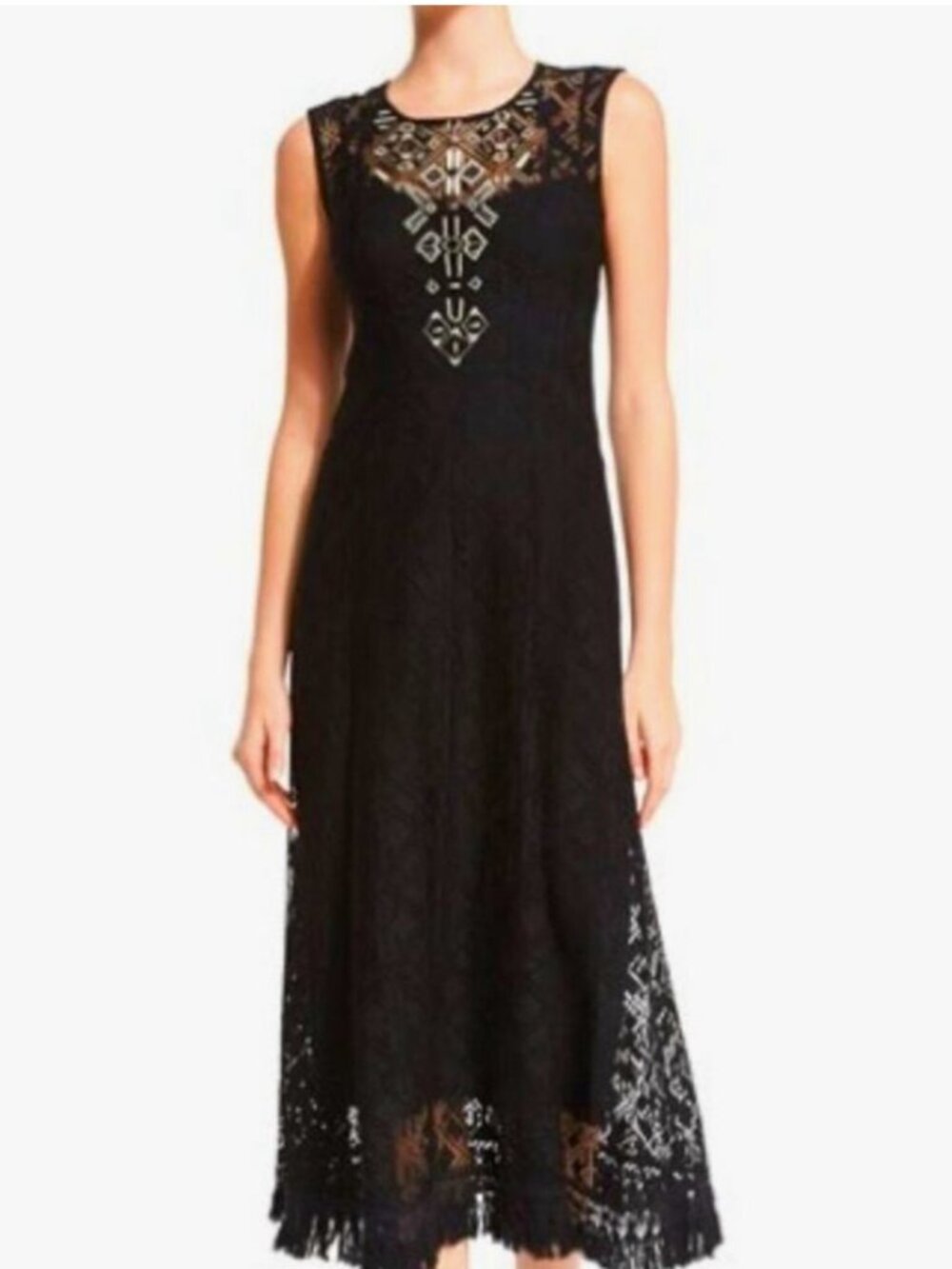 Nanette Lepore 4 Midi Dress Small Boho Fall Semi Formal Beaded Fringe Lace Retro